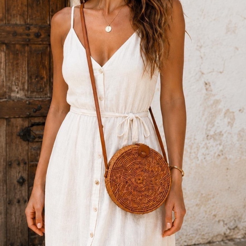 VTG Round Rattan Bali Crossbody Bag Boho Coastal Resort‎ Vacation Summer Purse